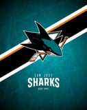 San Jose Sharks logo with a teal and black background, featuring a shark biting a hockey stick, displayed on a watch face.