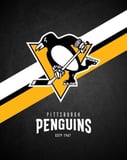 Pittsburgh Penguins logo with a black, gold, and white background, featuring a skating penguin with a hockey stick, displayed on a watch face.