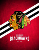 Chicago Blackhawks logo with a red background and black-and-white diagonal stripes, featured on a watch face.