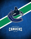 Vancouver Canucks logo with a blue background and green-and-white diagonal stripes, featured on a watch face.