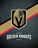 Vegas Golden Knights logo with a dark background and gold-and-red diagonal stripes, featured on a watch face.