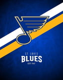 St. Louis Blues logo with a blue background and gold-and-white diagonal stripes, featured on a watch face.