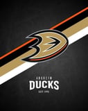 Anaheim Ducks logo with a dark background and gold, black, white, and orange diagonal stripes, featured on a watch face.
