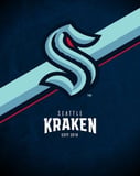 Seattle Kraken logo with a dark navy background and icy blue-and-red diagonal stripes, featured on a watch face.