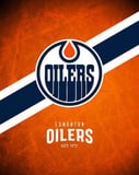 Edmonton Oilers logo with a bold orange background and navy blue-and-white diagonal stripes, featured on a watch face.