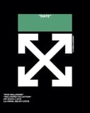Black Off-White watch face with crossed arrows, a green date display, and minimalist typography.