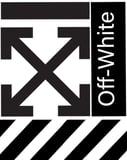 Black-and-white Off-White watch face with the cross arrows logo, bold diagonal stripes, and Off-White branding.