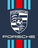 Stylized Porsche crest with blue and red racing stripes on a dark background, featured on a watch face.