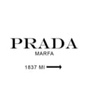 Minimalist black and white Prada Marfa sign with directional arrow, featured on a watch face.