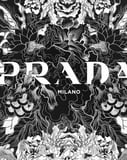 Intricate black and white abstract artwork featuring the Prada Milano logo, designed as a watch face.