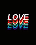 Layered 3D "LOVE" text in rainbow colors on a black background, featured on a watch face.