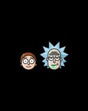 Minimalist cartoon-style faces of a genius scientist and his nervous sidekick on a black background, featured on a watch face.