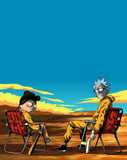 Illustration of two characters in yellow jumpsuits sitting in a desert landscape on lawn chairs, featured on a watch face.