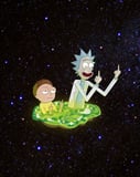 Illustration of two characters emerging from a glowing green portal into outer space, featured on a watch face.