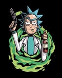 Illustration of a wild scientist with spiky hair emerging from a glowing green portal, holding a futuristic device and a bottle, featured on a watch face.