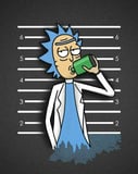 Illustration of a spiky-haired scientist in a mugshot lineup, drinking from a green flask, with a glitch effect on his lower body, featured on a watch face.