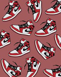 Illustration of red and white Air Jordan 1 sneakers with black laces on a maroon background, featured on a watch face.