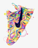 Illustration of a colorful, abstract Nike sneaker with a bold black swoosh on a light background, featured on a watch face.