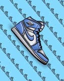 Illustration of a blue and white Air Jordan 1 sneaker with black laces on a patterned blue background, featured on a watch face.