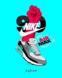 Illustration of a Nike Air Max 90 sneaker in gray and teal with a raised fist and bold typography on a bright blue background, featured on a watch face.