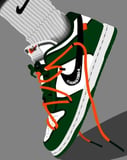 Illustration of a green and white Off-White x Nike Dunk sneaker with orange laces and black swoosh, featured on a watch face.