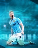 Illustration of Kevin De Bruyne in a Manchester City jersey celebrating on a futuristic blue background, featured on a watch face.