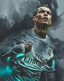 Illustration of Cristiano Ronaldo in a Real Madrid jersey with a dramatic artistic background, featured on a watch face.