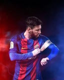 Image of Lionel Messi in a Barcelona jersey adjusting his captain's armband, with a dynamic red and blue background, featured on a watch face.