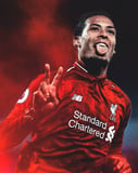 Image of Virgil van Dijk in a Liverpool jersey celebrating with a peace sign, featured on a watch face with a red dynamic background.
