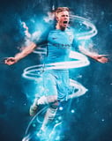 Illustration of Kevin De Bruyne in a Manchester City jersey, surrounded by blue energy swirls, featured on a watch face.