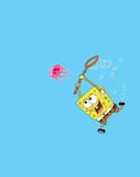 Illustration of a happy yellow sponge character with a net, chasing a jellyfish on a bright blue background, featured on a watch face.