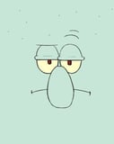 Illustration of a grumpy cartoon face with an unimpressed expression on a light green background, featured on a watch face.