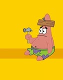 Illustration of Patrick Star from SpongeBob SquarePants with a wooden plank and nail on his head, holding a hammer, set against a yellow background on a watch face.