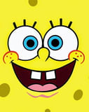 Close-up illustration of SpongeBob SquarePants' smiling face with bright blue eyes on a yellow background, featured on a watch face.