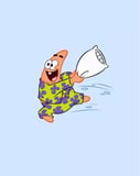 Illustration of Patrick Star from SpongeBob SquarePants wearing pajamas and swinging a pillow, set against a light blue background, featured on a watch face.