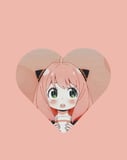 Illustration of a blushing anime girl with pink hair and green eyes, framed inside a heart shape on a soft pastel background, featured on a watch face.