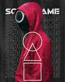 Squid Game guard watch face with red hooded suit and symbolic shapes