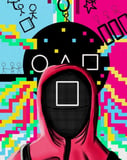 Pixelated Squid Game watch face featuring a masked guard and retro game icons