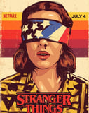 Illustration of Eleven from Stranger Things wearing an American flag blindfold, set in a retro 80s-style design on a watch face.