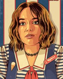 Illustration of Robin Buckley from Stranger Things wearing a Scoops Ahoy uniform, set in a retro 80s-style design on a watch face.