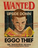 Illustration of Eleven from Stranger Things on a vintage-style wanted poster, featuring Eggo waffles and a distressed paper texture on a watch face.