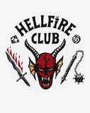 Illustration of the Stranger Things Hellfire Club logo featuring a red demon head, dice, a flaming sword, and a spiked mace, set on a watch face.