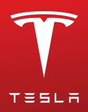 A Tesla Red Logo watch face featuring the iconic Tesla "T" emblem on a bold red background with activity stats.
