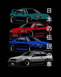 Illustration of four iconic Japanese sports cars in green, red, blue, and white, with Japanese kanji text on a sleek black background, featured on a watch face.
