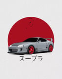 Illustration of a gray JDM Supra sports car with red wheels, set against a rising sun background with Japanese lettering, featured on a watch face.