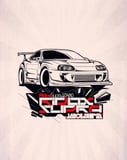 Illustration of a modified white JDM Supra sports car with aggressive styling and Japanese typography, featured on a watch face.