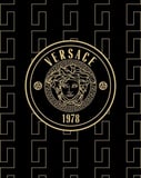 A luxurious black and gold design featuring the Versace Medusa emblem and Greek key pattern, symbolizing high fashion and sophistication, featured on a watch face.