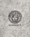 Versace Medusa logo in black over a textured gray marble background, designed as a stylish watch face
