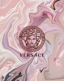 Versace Medusa logo in brown over a pastel marble swirl background, designed as a stylish watch face