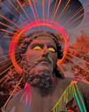 Digital artwork of a classical Zeus statue with neon accents and a cosmic background, designed as a bold and artistic watch face